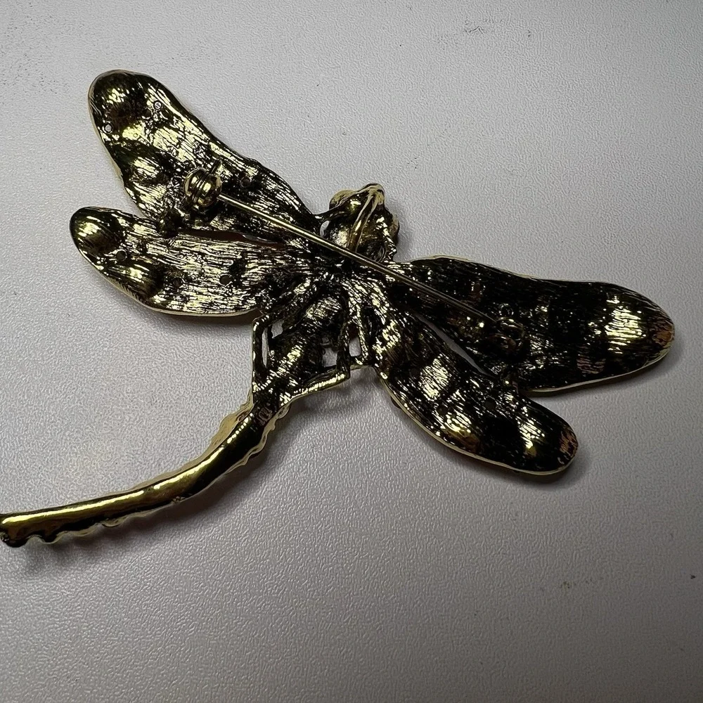 Vtg Gold Tone Metal Large Red Rhinestone‎ Dragonfly Brooch Pin Pendant Statement